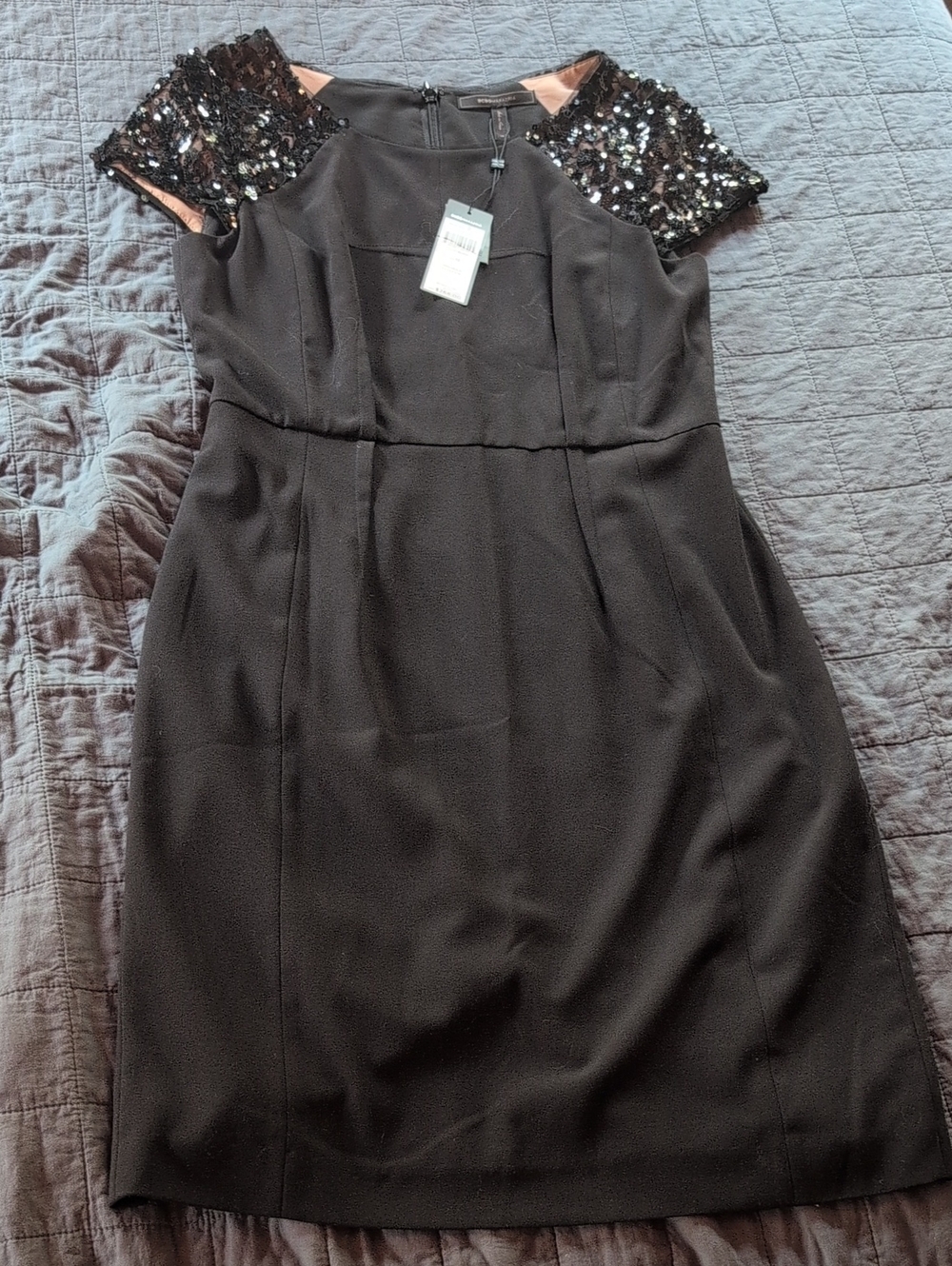 BCBG Black Sheath Dress with Sequin Cap Sleeves